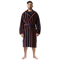 Men's Navy Yellow Stripe Pattern 100% Cotton Velour Bathrobe Jacquard Yarn Dyed 