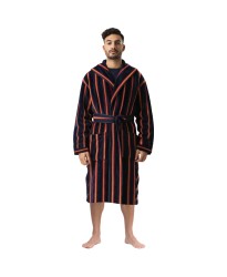 Men's Navy Yellow Stripe Pattern 100% Cotton Velour Bathrobe Jacquard Yarn Dyed 