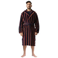 Men's Navy Yellow Stripe Pattern 100% Cotton Velour Bathrobe Jacquard Yarn Dyed 