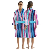 Comfy 100% Cotton Luxury Velour Stripe Blue Pink Turquoise Bathrobe Jacquard Yarn Dyed 