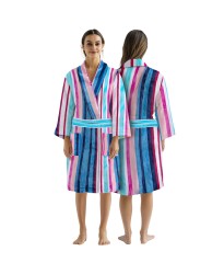 Comfy 100% Cotton Luxury Velour Stripe Blue Pink Turquoise Bathrobe Jacquard Yarn Dyed 